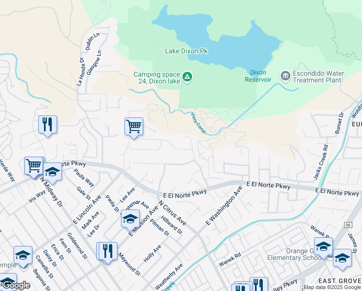 map of restaurants, bars, coffee shops, grocery stores, and more near 2640 Ponderosa Court in Escondido