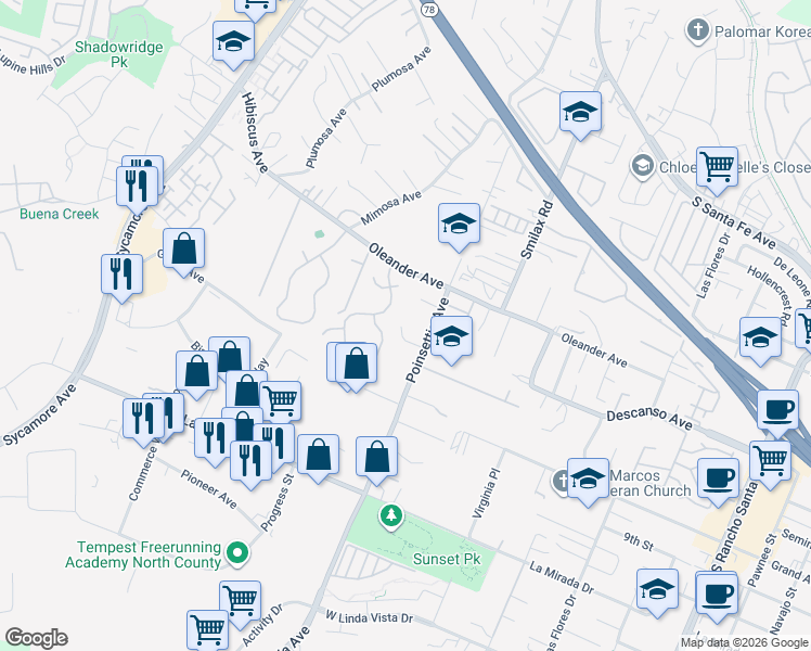 map of restaurants, bars, coffee shops, grocery stores, and more near 807 Poinsettia Avenue in Vista