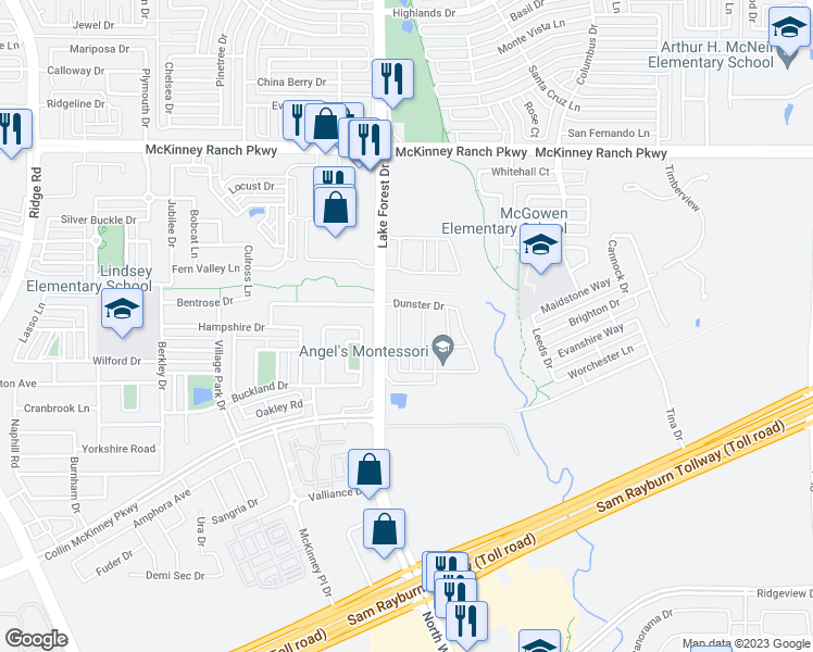 map of restaurants, bars, coffee shops, grocery stores, and more near 4825 McKinney Hollow Drive in McKinney