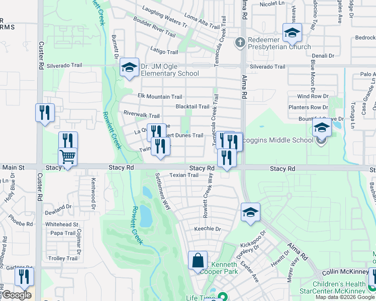 map of restaurants, bars, coffee shops, grocery stores, and more near 8104 Indian Palms Trail in McKinney