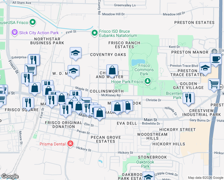 map of restaurants, bars, coffee shops, grocery stores, and more near 7659 Maple Street in Frisco
