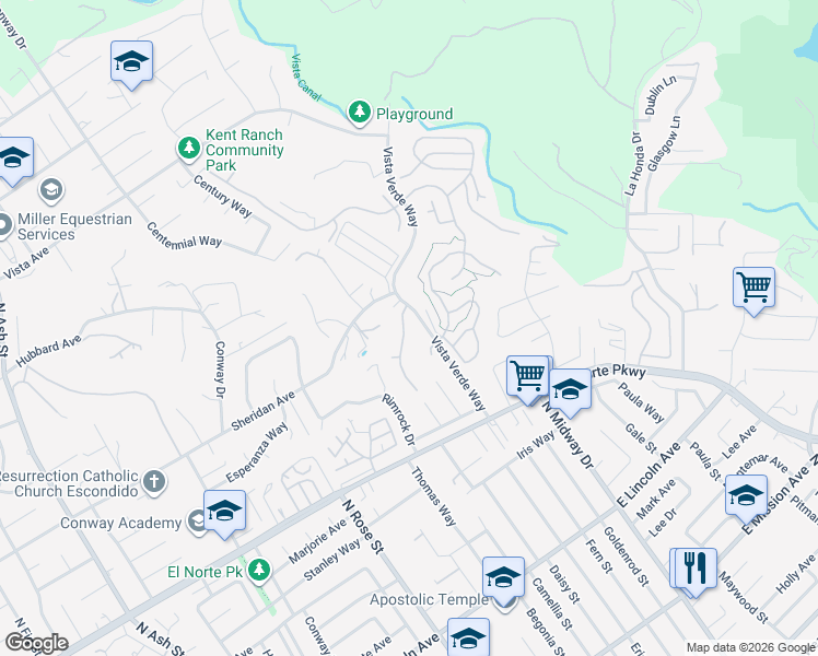 map of restaurants, bars, coffee shops, grocery stores, and more near 1443 Timber Glen in Escondido