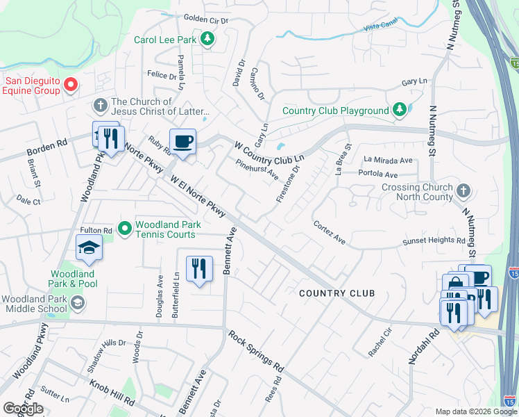 map of restaurants, bars, coffee shops, grocery stores, and more near 1731 Firestone Drive in Escondido