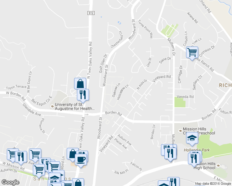 map of restaurants, bars, coffee shops, grocery stores, and more near 705 Ash Lane in San Marcos
