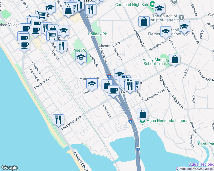 map of restaurants, bars, coffee shops, grocery stores, and more near 3826 Harding Street in Carlsbad