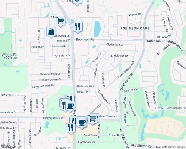 map of restaurants, bars, coffee shops, grocery stores, and more near 6105 English Saddle Lane in Denton