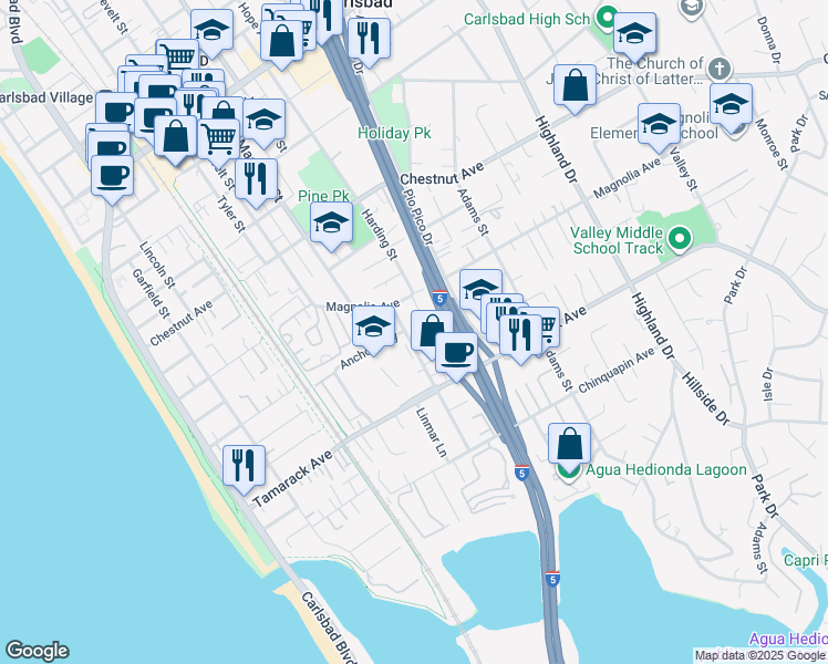 map of restaurants, bars, coffee shops, grocery stores, and more near 3760 Jefferson Street in Carlsbad