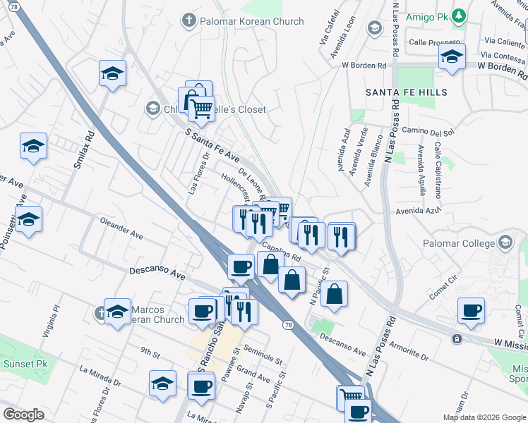 map of restaurants, bars, coffee shops, grocery stores, and more near 3548 De Leone Road in San Marcos