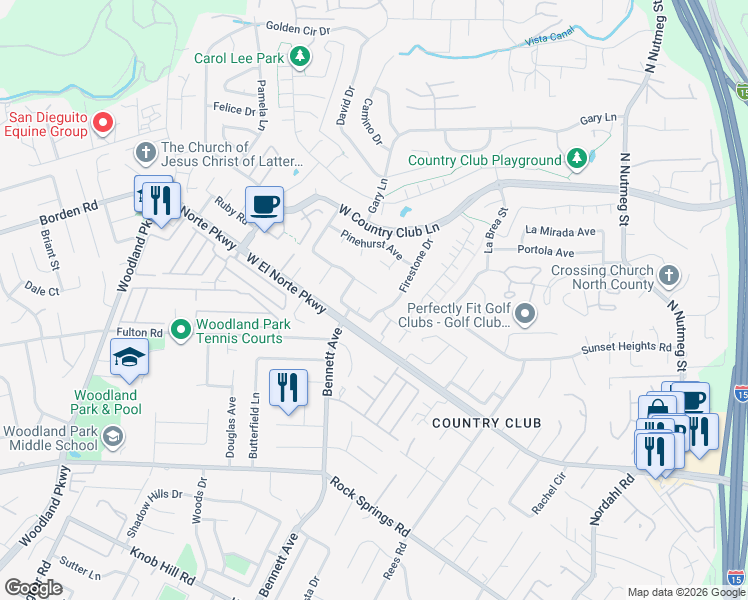 map of restaurants, bars, coffee shops, grocery stores, and more near 1731 Firestone Drive in Escondido