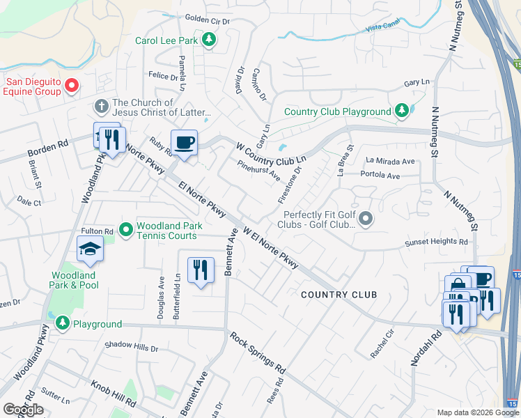 map of restaurants, bars, coffee shops, grocery stores, and more near 1708 Harold Road in Escondido