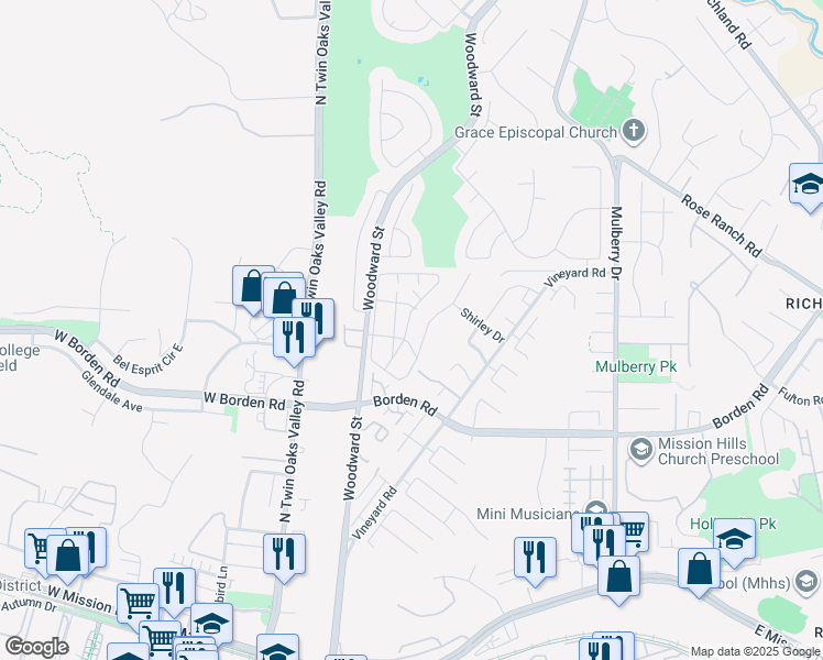 map of restaurants, bars, coffee shops, grocery stores, and more near 704 Manzanita Lane in San Marcos