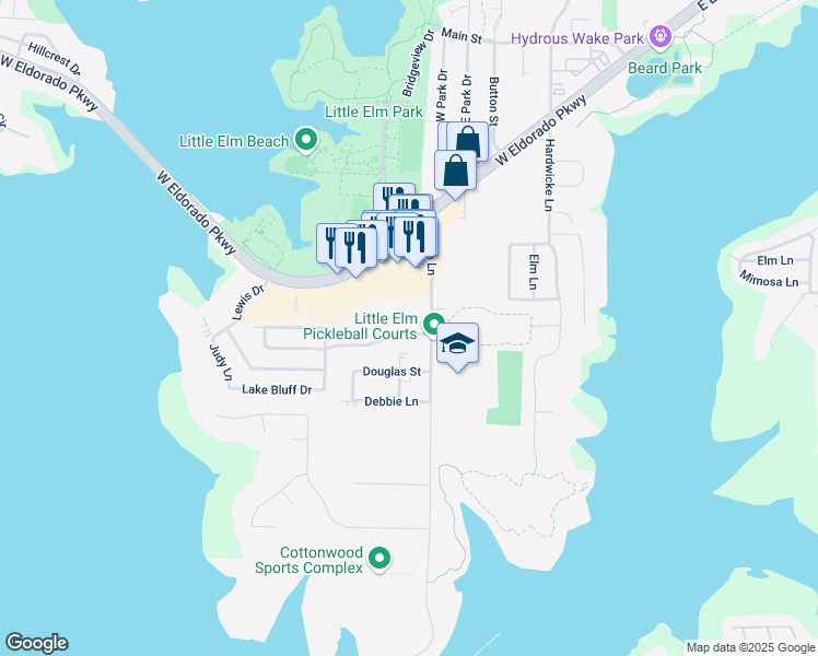 map of restaurants, bars, coffee shops, grocery stores, and more near 1004 Waterview Drive in Little Elm