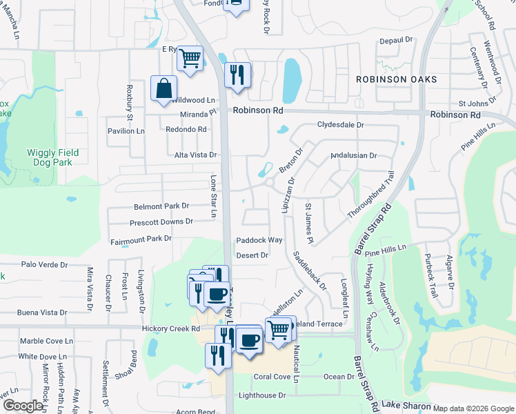 map of restaurants, bars, coffee shops, grocery stores, and more near 6021 English Manor Road in Denton