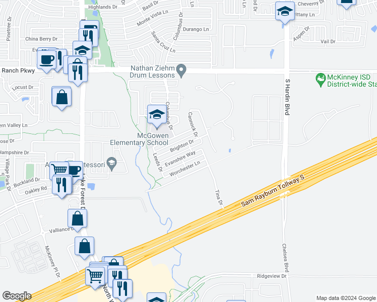 map of restaurants, bars, coffee shops, grocery stores, and more near 4600 Evanshire Way in McKinney