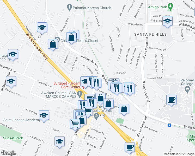 map of restaurants, bars, coffee shops, grocery stores, and more near 3548 De Leone Road in San Marcos