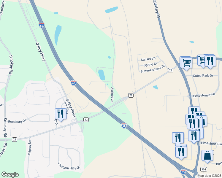 map of restaurants, bars, coffee shops, grocery stores, and more near 159 Apricot Lane in Calera