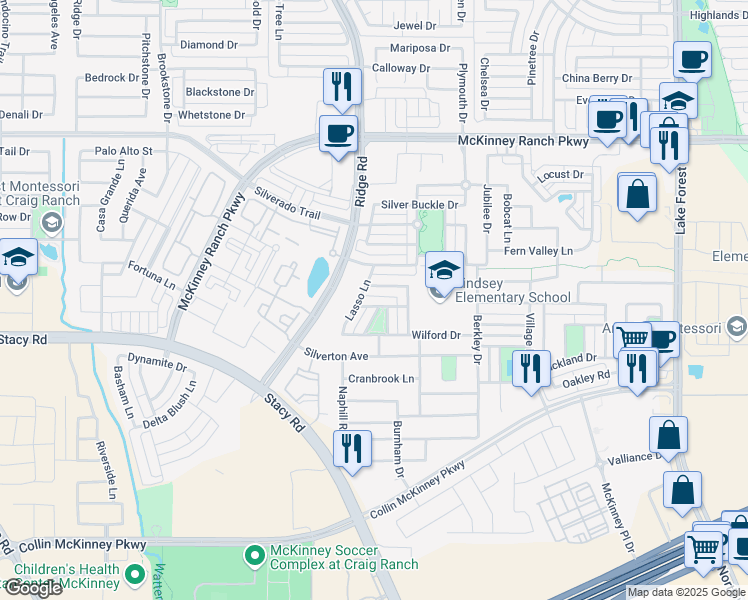 map of restaurants, bars, coffee shops, grocery stores, and more near 5912 Round Up Lane in McKinney