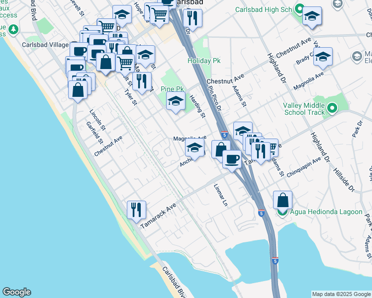 map of restaurants, bars, coffee shops, grocery stores, and more near 640 Anchor Way in Carlsbad