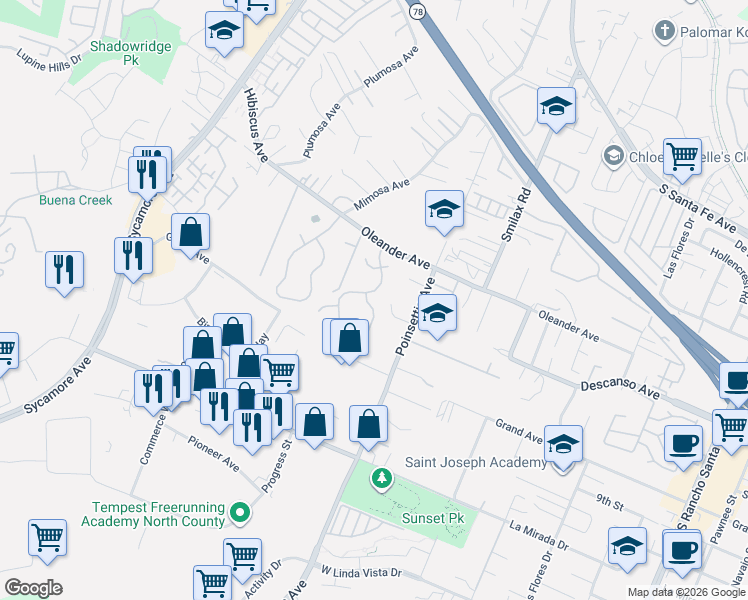 map of restaurants, bars, coffee shops, grocery stores, and more near 929 Bellwood Lane in Vista