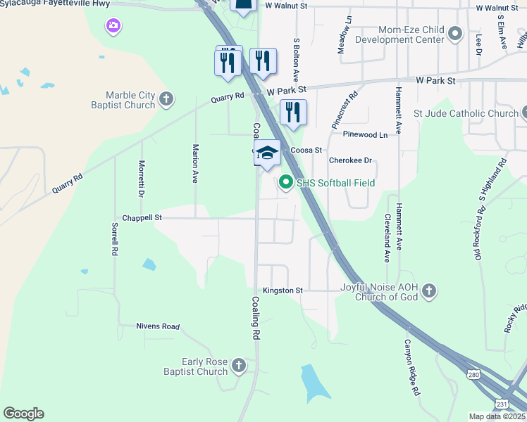 map of restaurants, bars, coffee shops, grocery stores, and more near 175 Chappell Street in Sylacauga