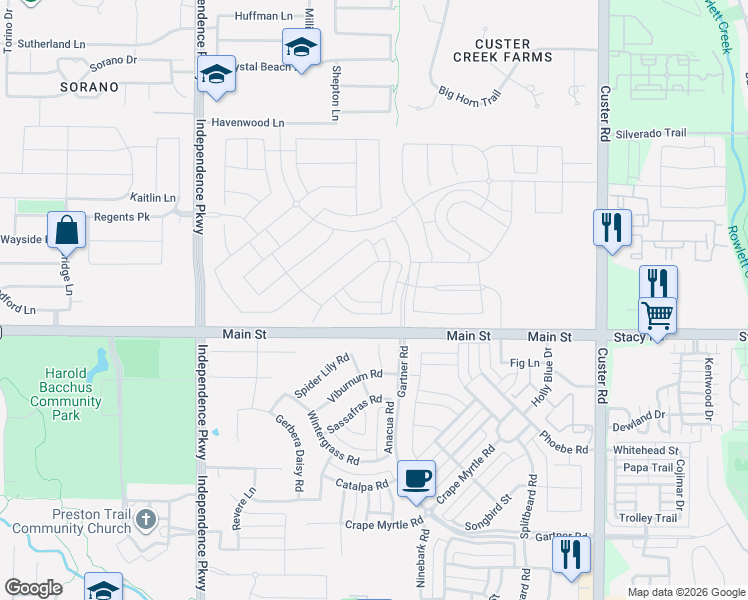 map of restaurants, bars, coffee shops, grocery stores, and more near 96A Main Street in Frisco
