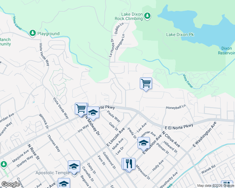 map of restaurants, bars, coffee shops, grocery stores, and more near 1258 Entrada Glen in Escondido
