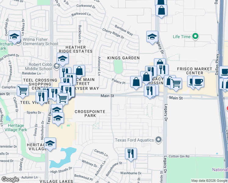 map of restaurants, bars, coffee shops, grocery stores, and more near in Frisco