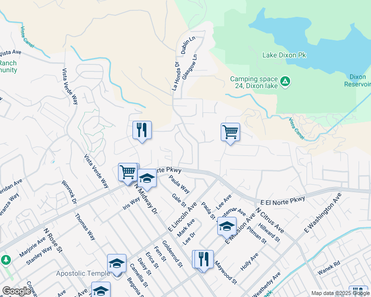 map of restaurants, bars, coffee shops, grocery stores, and more near 1258 Entrada Glen in Escondido