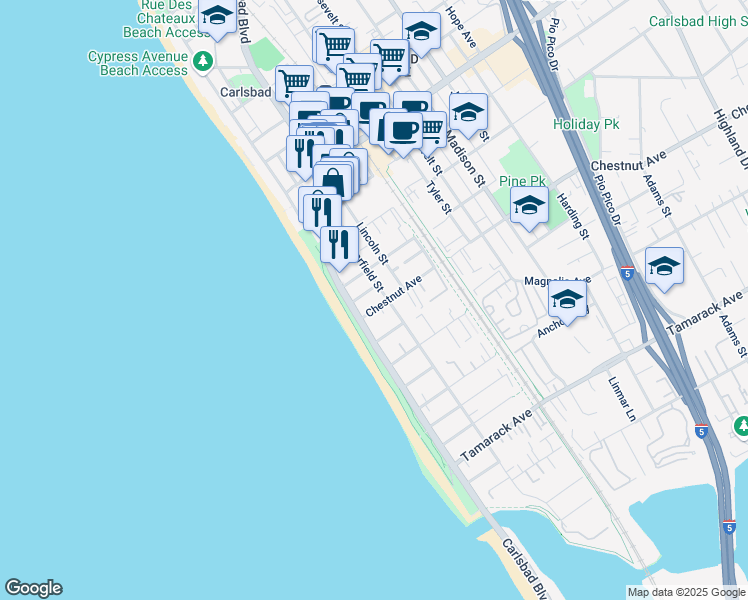 map of restaurants, bars, coffee shops, grocery stores, and more near 164 Chestnut Avenue in Carlsbad