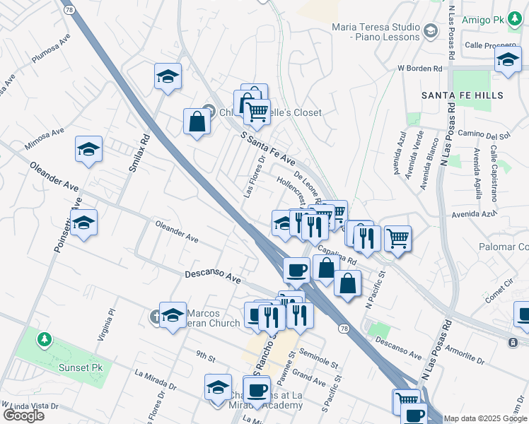 map of restaurants, bars, coffee shops, grocery stores, and more near 240 Las Flores Drive in San Marcos