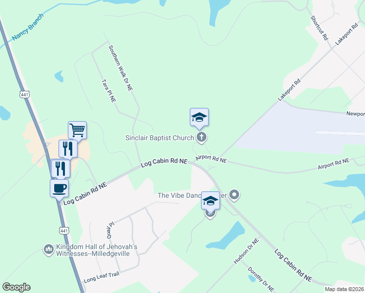 map of restaurants, bars, coffee shops, grocery stores, and more near 100 Airport Road Northeast in Milledgeville