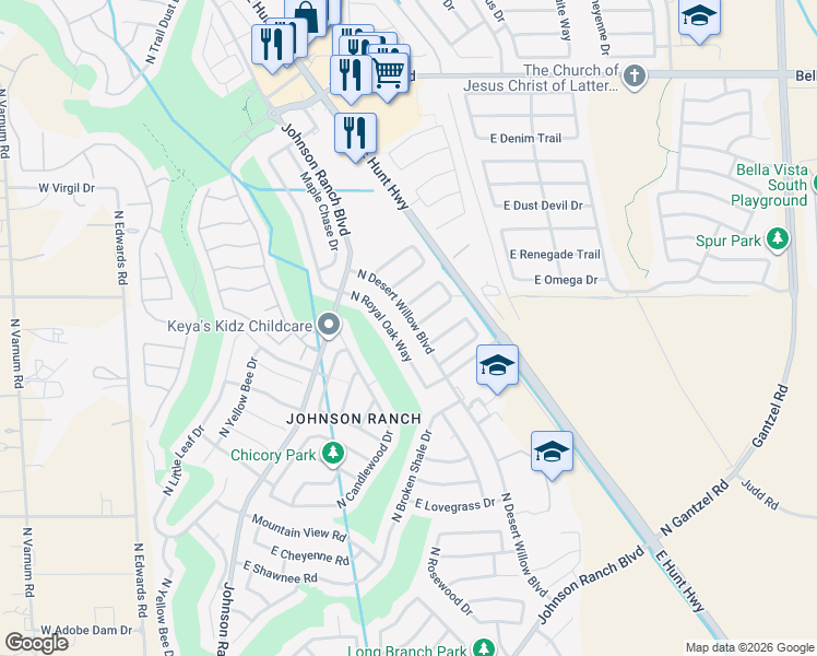 map of restaurants, bars, coffee shops, grocery stores, and more near 30168 North Desert Willow Boulevard in San Tan Valley