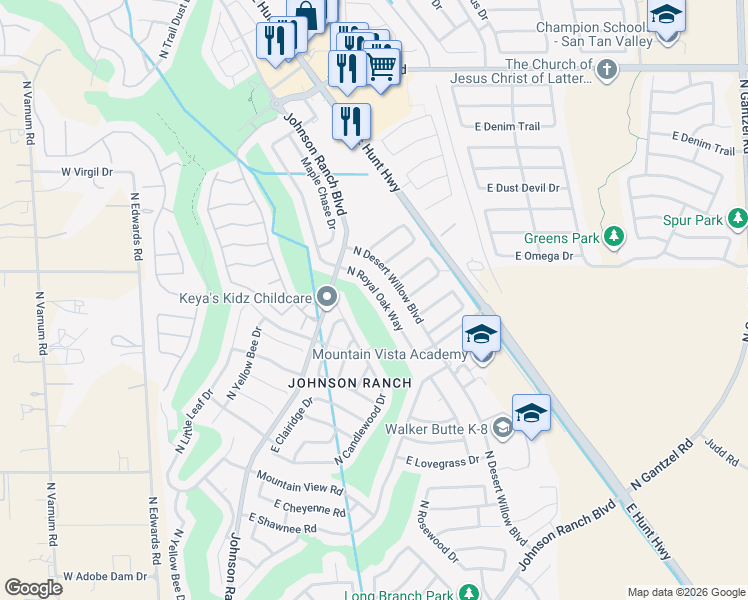 map of restaurants, bars, coffee shops, grocery stores, and more near 30170 North Royal Oak Way in Queen Creek
