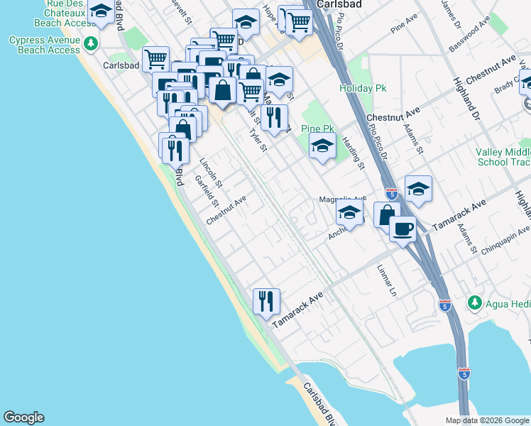 map of restaurants, bars, coffee shops, grocery stores, and more near 382 Acacia Avenue in Carlsbad