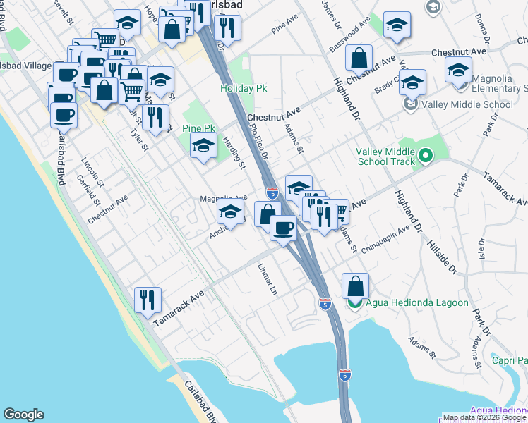 map of restaurants, bars, coffee shops, grocery stores, and more near 3786 Jefferson Street in Carlsbad