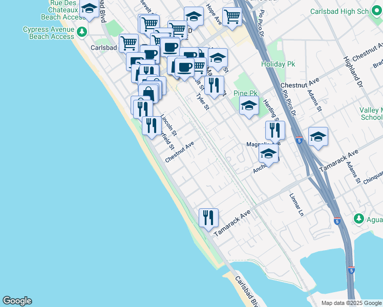 map of restaurants, bars, coffee shops, grocery stores, and more near 282 Acacia Avenue in Carlsbad