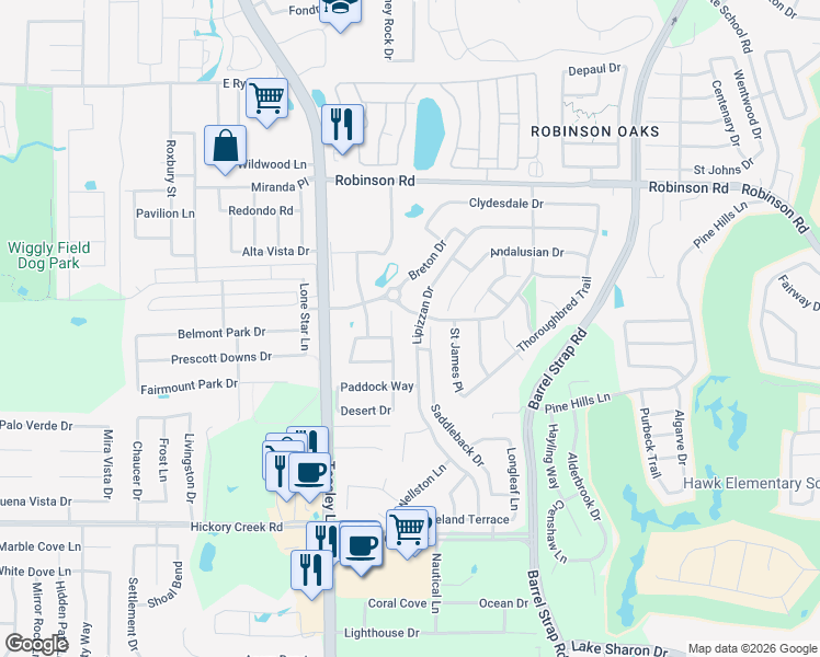 map of restaurants, bars, coffee shops, grocery stores, and more near 6105 English Saddle Lane in Denton