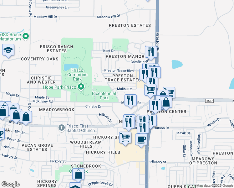 map of restaurants, bars, coffee shops, grocery stores, and more near 9258 Sunset Drive in Frisco