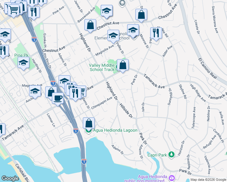 map of restaurants, bars, coffee shops, grocery stores, and more near 3970 Highland Drive in Carlsbad