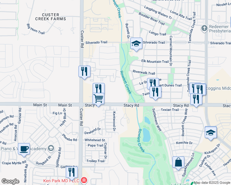 map of restaurants, bars, coffee shops, grocery stores, and more near 8700 Stacy Road in McKinney