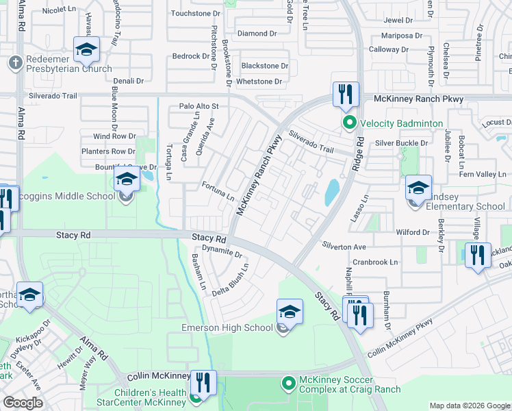map of restaurants, bars, coffee shops, grocery stores, and more near 6236 Fortuna Lane in McKinney