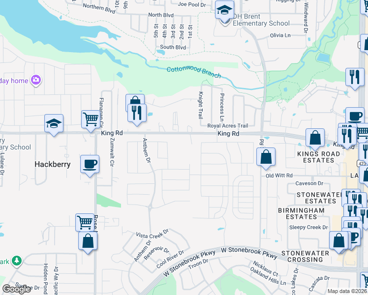 map of restaurants, bars, coffee shops, grocery stores, and more near 14965 King Rd in Frisco