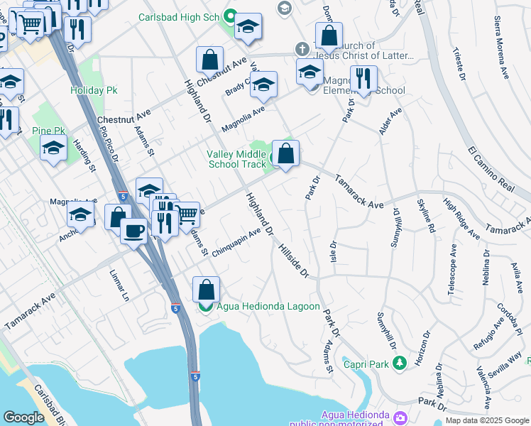 map of restaurants, bars, coffee shops, grocery stores, and more near 3970 Highland Drive in Carlsbad