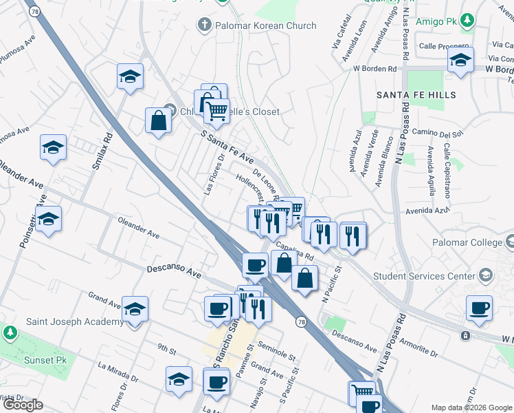 map of restaurants, bars, coffee shops, grocery stores, and more near 3533 Hollencrest Road in San Marcos