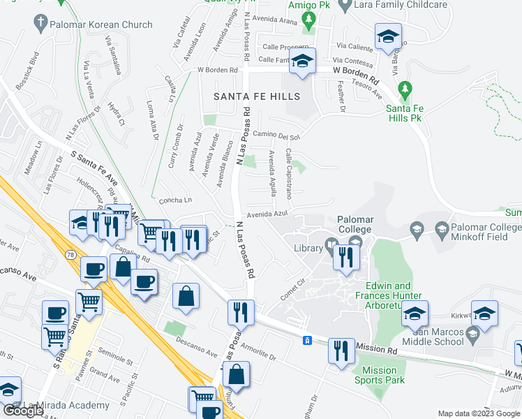 map of restaurants, bars, coffee shops, grocery stores, and more near 1213 Corte Bello in San Marcos