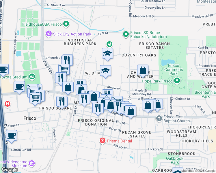map of restaurants, bars, coffee shops, grocery stores, and more near 6942 Maple Street in Frisco