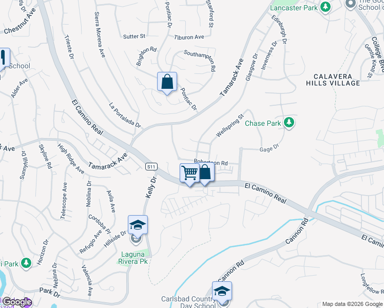 map of restaurants, bars, coffee shops, grocery stores, and more near 4821 Robertson Road in Carlsbad