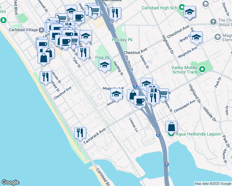 map of restaurants, bars, coffee shops, grocery stores, and more near 640 Anchor Way in Carlsbad
