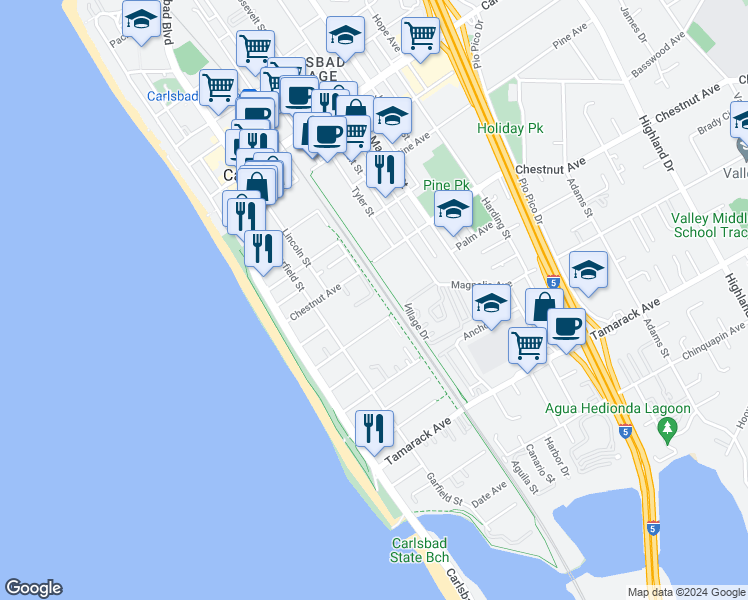 map of restaurants, bars, coffee shops, grocery stores, and more near 378 Acacia Avenue in Carlsbad