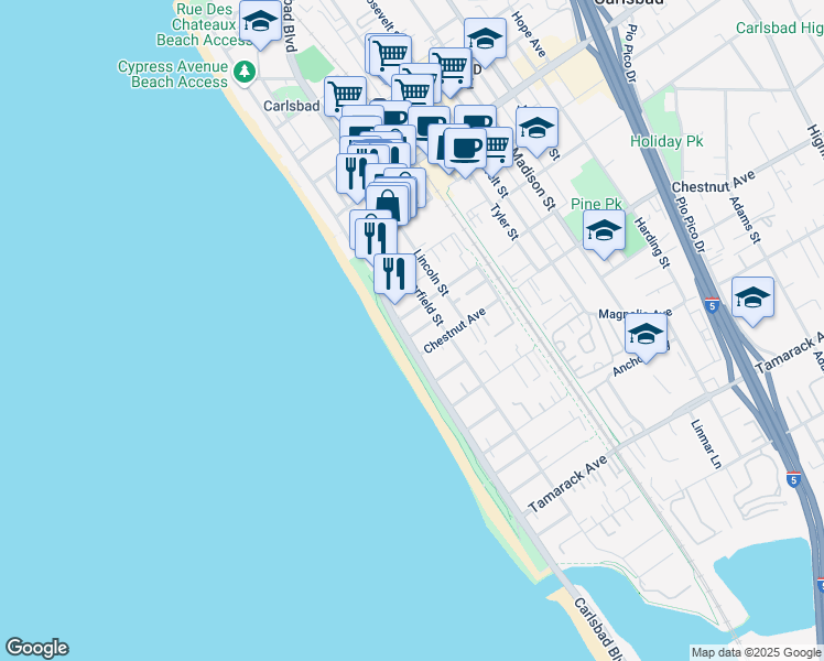 map of restaurants, bars, coffee shops, grocery stores, and more near 3384 Carlsbad Boulevard in Carlsbad